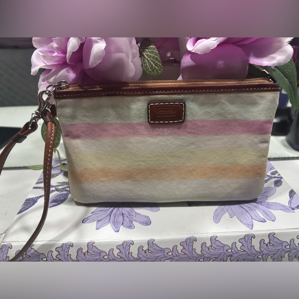 Coach Pastel Rainbow Stripe Wristlet – Watercolor Logo Print